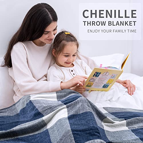 RECYCO Buffalo Paid Chenille Throw Blanket for Couch, Soft Cozy Decorative Buffalo Check Blanket Throw with Tassels for Bed Sofa, Lightweight Chenille Knitted Throw, Plaid Navy Off White, 50'' x 60'' - color: Plaid Navy Off White, size: 50'' X 60''