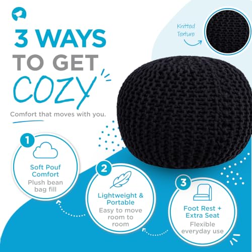 BIRDROCK HOME Round Pouf Ottoman Foot Rest - 18.5”x18.5”x15” Boho Compact Comfortable Soft Cotton Braided Foot Stool with Bean Bag Filling for Living Room, Bedroom, or Nursery (Black) - color: Black