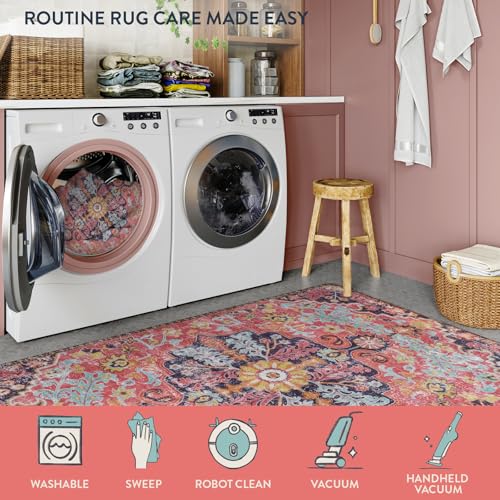Lahome Bohemian Floral Medallion Area Rug - 2x3 Small Hot Pink Bath Rug Kitchen Sink Mat, Machine Washable Non-Slip Soft Indoor Carpet for Doormat Bedside Apartment Entrance, Fuchsia/Multi - color: Fuchsia/Multi, size: 2' x 3' (Rectangular)