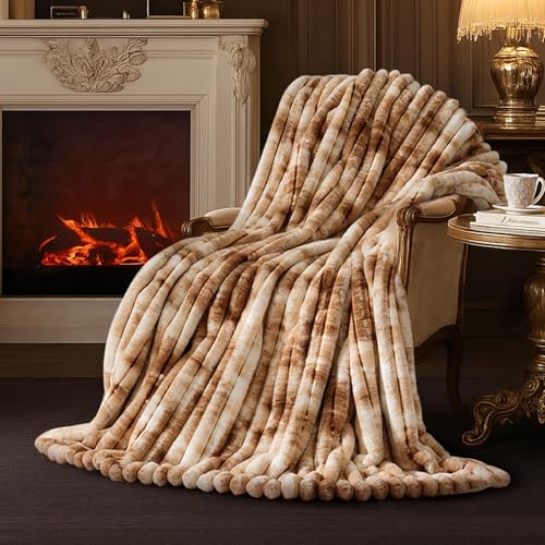 Amélie Home Faux Fur Throw Blanket for Couch, Cozy Fuzzy Fluffy Fur Luxurious Soft Striped Plush Gift Blankets for Family Sofa Chair Bedroom, 55"x70", Tie-dye Khaki - color: Striped Tie-dye Kahki, size: Throw(55"x70")