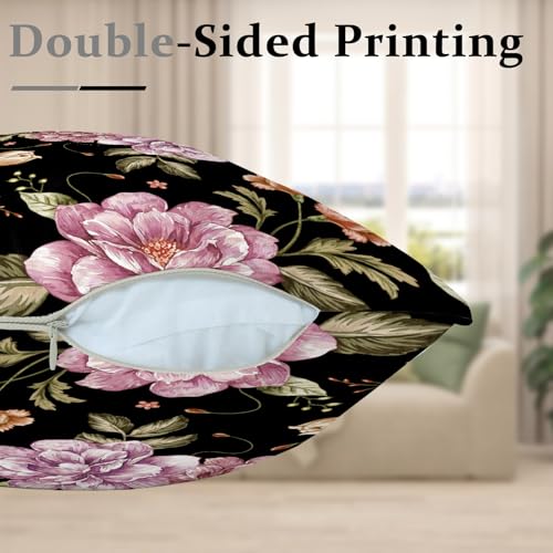 Black Flower Throw Pillow Covers,Vintage Floral Decorative Velvet Pillow case,Gothic Flowers Pattern 4-Pack Double-Side Printed Pillowcases for Sofa Home Living Room, 16x16 in - color: Black, size: 16" x 16" (Pack of 4)