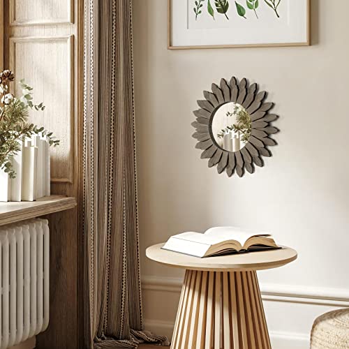 Honiway Farmhouse Wall Decor Mirror 12 inch Sunburst Boho Wood Mirror Rustic Home Decor Room Decoration for Bedroom Living Room Weathered Grey - color: Weathered Grey, size: 12 inch (1 pack)