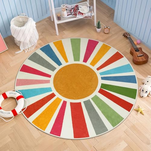 STARUIA Small Round Rug 4 Ft Washable Round Rug for Kids Room, Colorful Sun Circle Rug for Playroom, Non-Slip Circular Office Carpet Soft Rainbow Rug for Bedroom Reading Corner Dorm - color: Colorful, size: 4'x4'