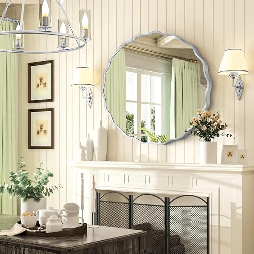 Gold Round Mirror for Wall, 32"x32" Decorative Wavy Bathroom Mirror with Brushed Alloy Steel Frame & Shatter-Proof Glass, Hanging Circle Wall Mirrors for Bathroom, Entryway (Silver, Large) - color: Silver, size: Large