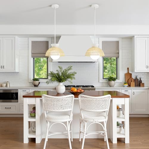 AIJIASI Rattan Pendant Light, 11.8" Hand Woven Boho Pendant Light Fixture with Milk Glass Globe, Gold Kitchen Pendant Lighting Over Island Adjustable Chandelier for Dining Room Hallway Foyer - color: White