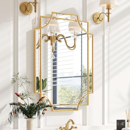 Kelly Miller 20"x30" Small Gold Bathroom Mirror for Wall Mount, Beveled Vanity Mirror for Master Bath Half Bath - size: 30"L x 20"W