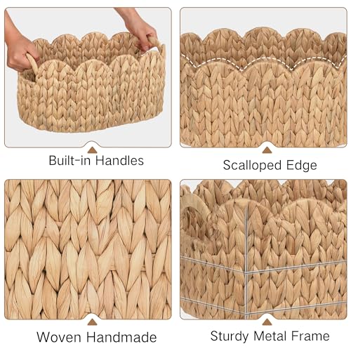 iEGrow Scalloped Wicker Basket, Set of 2 Hand-Woven Natural Rattan Baskets with Built-in Handles, Water Hyacinth Storage Oval Cute Baby Baskets for Nursery, Organizing, Decor and Shelves - size: Oval
