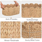 iEGrow Scalloped Wicker Basket, Set of 2 Hand-Woven Natural Rattan Baskets with Built-in Handles, Water Hyacinth Storage Oval Cute Baby Baskets for Nursery, Organizing, Decor and Shelves - size: Oval