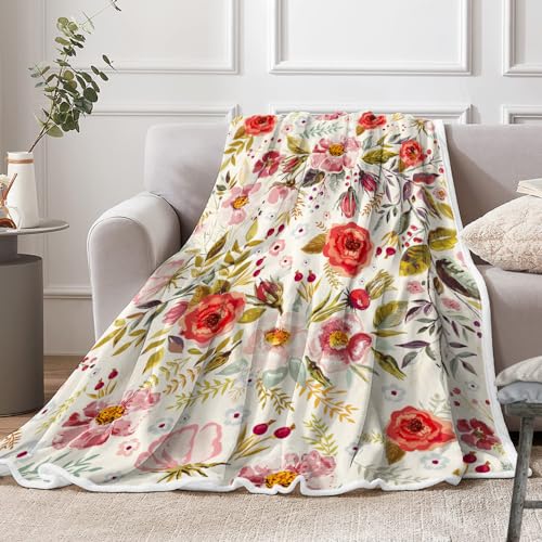 Floral Throw Blanket Vintage Floral Fleece Blanket | Soft, Flannel, Warm, Boho Botanical Flower Fleece Throw Blanket, for Couch Bedroom Living Room 60X80 Inch - color: Beige, size: 60 X 80