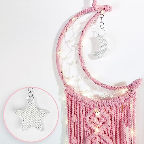 ANROYE Macrame Moon Dream Catcher for Girl, Pink Boho Crescent Dreamcatcher for Bedroom Adult, Handmade Kids Nursery Room Wall Hanging with Star Pendant for Teen, Bohemian Home Decoration Idea - color: Baby Pink, size: Without Light