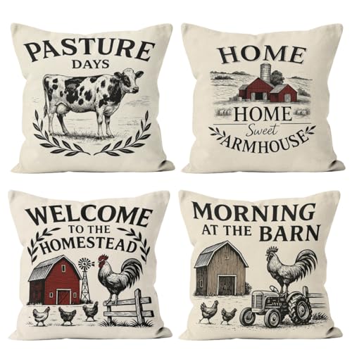 Farm Vintage Throw Pillow Covers 18x18 Set of 4, Country Barn Rustic Rooster Cow Decorative Cushion Cases for Couch Sofa and Bedroom Pillcases Home Decor for Living Room - color: Farm Vintage