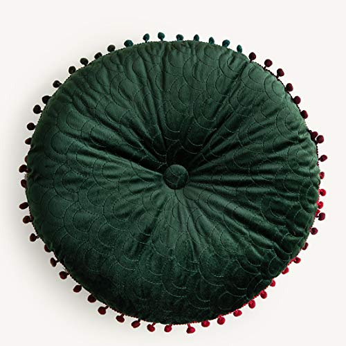 vctops Velvet Soft Round Chair Pads Cute Gradient Pom Pom Indoor Dining Chairs Cushion (Dark Green, Diameter 16") - color: Dark Green, style: Diameter 16 Inch