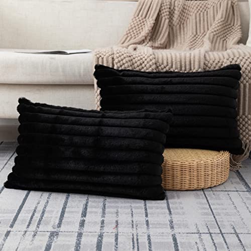 ZLINA Set of 2 Black Faux Fur Decorative Throw Pillow Covers Fluffy Striped Pillowcase Cushion Covers 12 x 20 Inch Decor Sofa Couch Bedroom - color: Black, size: 20" x 12" (Pack of 2)