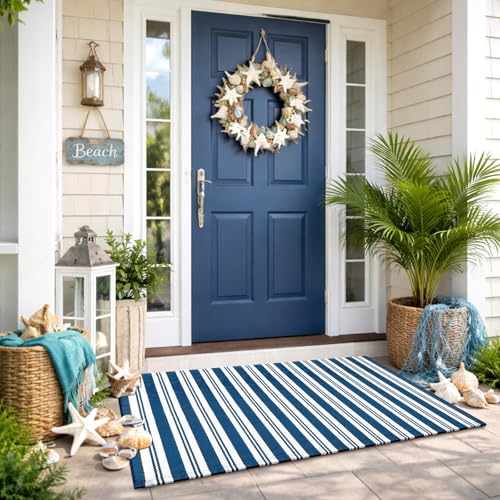 Moucuny Navy Blue and White Striped Outdoor Rug, 2' x 3' Nautical Beach Front Porch Rug Navigation Welcome Layering Doormat for Entryway Entrance Patio Decor - color: Steel Blue and White, size: 2' X 3', style: Vertical Stripe