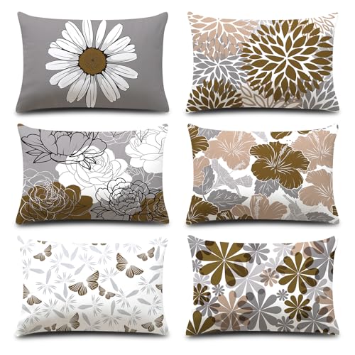 COMMINY Lumbar Throw Pillow Covers 12x20 Inch Set of 6, Brown Grey Pillow Cases for Couch Bed Decor, Farmhouse Daisy Dahlia Lumbar Pillow Cover, Indoor Decorative Cushion Cover Only, No Insert - color: Grey Brown, size: 20" x 12" (Pack of 6)