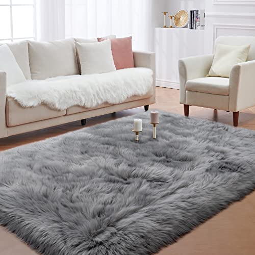 Faux Fur Area Rug, Grey Fluffy Rugs for Bedroom Living Room, 4'x6' Soft Shaggy Fuzzy Rug for Nursery, Indoor Plush Gray Floor Carpets for Kids Girls Boys Teen Dorm, Cute Home Decor, Rectangle - color: Grey, size: 6' x 4' (Rectangular)