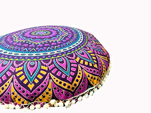 INDIAN CRAFT CASTLE New Pink Ombre 24" Mandala Barmeri Large Floor Pillow Cover Cushion Meditation Seating Ottoman Throw Cover Hippie Decorative Zipped Bohemian Pouf Ottoman Pom Pom Cases 24" Round - color: Pink Yellow, style: 24 Inch Round