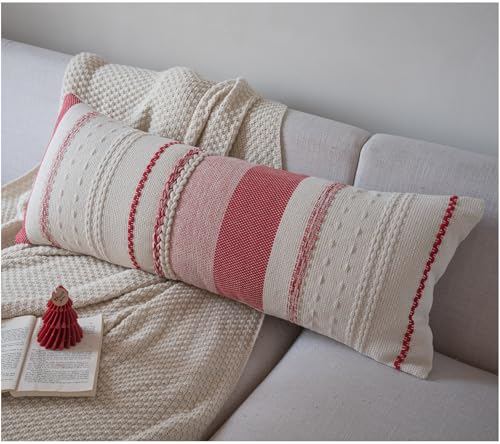 Christmas Lumbar Pillow Covers 14x36 Inch Long, Red Textured Boho Christmas Decoration Pillow Cases for Farmhouse Home Decor, Accent Cushion Cover for Sofa, Bed, Living Room, Bedroom, Pack of 1 - color: Red, size: 36" x 14" (Pack of 1)