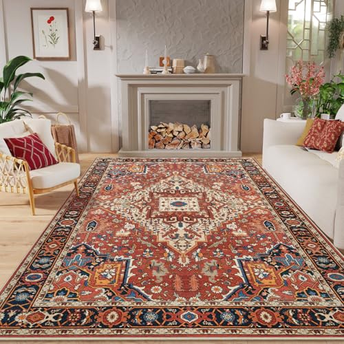 Amearea Vintage Design Orange Area Rugs for Living Room, 4x6 Machine Washable Floral Collection Traditional Bedroom Rug, Low Pile Dinning Room Carpet, No Slip Office Kitchen Home Decor, Orange - color: Orange, size: 4' X 6' (Rectangular)