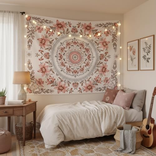 Motanber Pink Floral Tapestry Wall Hanging Boho Mandala Medallion Tapestry Aesthetic Watercolor Flower Cute Large Tapestries for Bedroom Living Room Dorm Decor 80 x 60 Inch - color: Light Pink, size: 80"L x 60"W