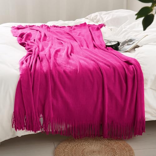 Homiest Decorative Knitted Throw with Fringe, Lightweight Acrylic Knit Blanket, Soft & Cozy Tassel for Couch Sofa Bed (Dark Pink, 50 x 60 Inch) - color: Fuschia, size: 50" x 60"