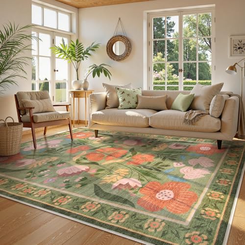 Beeiva 8x10 Washable Rug, Soft Floral Green Rugs for Living Room Indoor, Large Soft Low Pile Flower Carpet for Playroom Kids Dining Room Clasroom Dorm Décor (Green,8'x10') - color: Green, size: 8' x 10' (Rectangular)