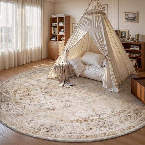 AMOAMI-6FT Round Rug-Rugs for Living Room-Vintage Soft Beige Rugs for Bedroom-Non Slip Circle Rug-Machine Washable Rug for Dining Room Living Room Bedroom Office Under Table - color: Beige, size: 6' (Round)