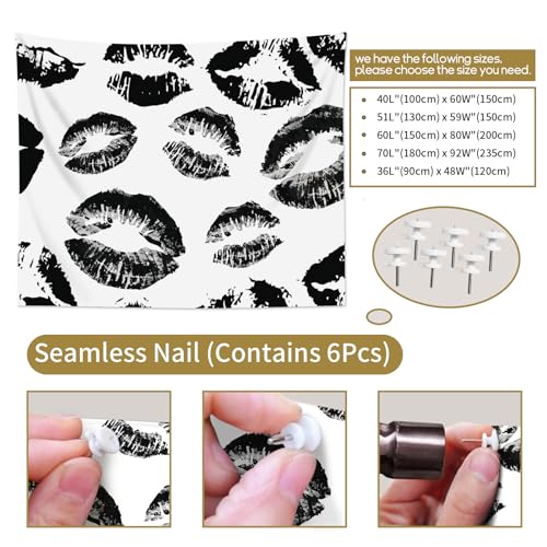 SCECALA Black and White Kiss Lips Tapestry Modern Fashion Makeup Wall Art Tapestry Vintage Fashion Aesthetic Wall Hanging for Girls Bedroom College Dorm Makeup Room Home Decor 59x51 Inch - color: Black, size: 51"L x 59"W