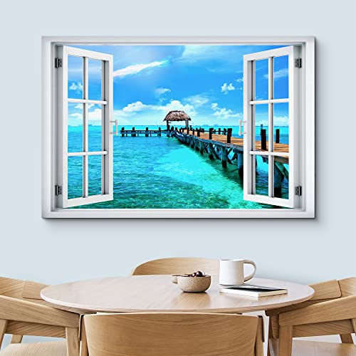 wall26 Canvas Print Wall Art Window View Tropical Island Beach Pier Hawaii Tahiti Wilderness Nature Photography Realism Scenic Landscape Colorful Multicolor for Living Room, Bedroom, Office - 12"x18" - color: A001-2204-hol02, size: 18"L x 12"W
