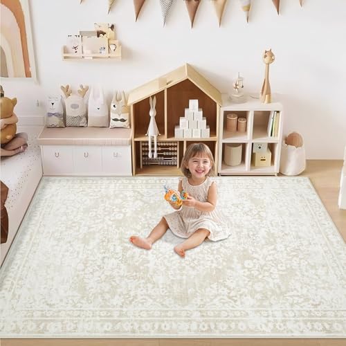 Area Rug 3x5 Entryway Rugs - Machine Washable Vintage Boho Area Rug Non-Slip Kitchen Rugs Soft Stain Resistant Indoor Door Mat, Small Floral Throw Rug for Entrance Hallway Bedroom(Cream Beige, 3'x5') - color: Cream Beige, size: 3' X 5' (Rectangular)
