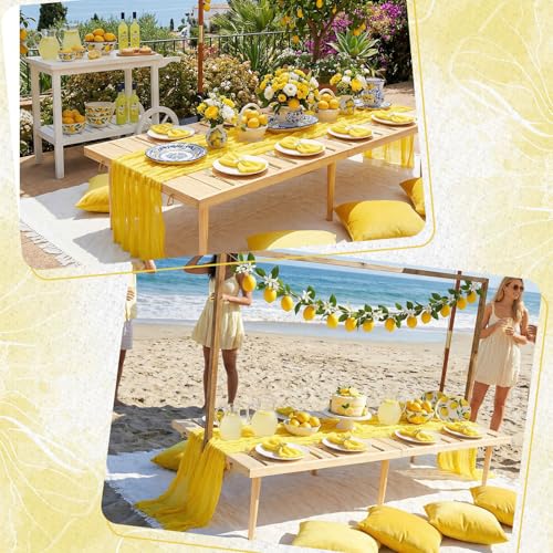 Beeveer 91 x 71 Extra Large Outdoor Boho Picnic Blanket with Yellow Table Runner, 6 Throw Pillow Covers 6 Napkins Woven Cotton Yarn Oversize Beach Blanket Washable Picnic Camp Wedding - color: Yellow