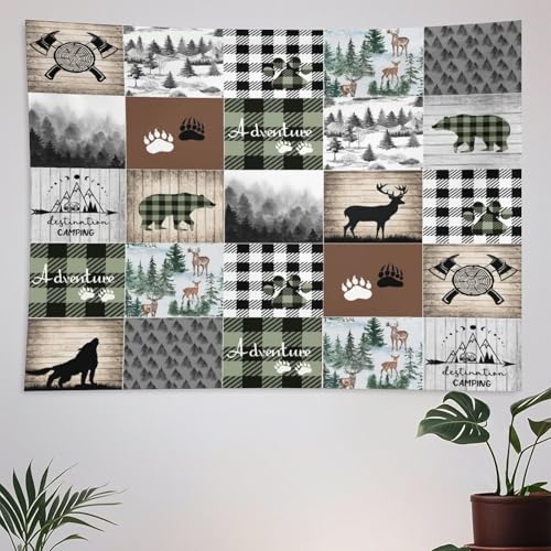 ZhiRain Deer Bear Wolf Tapestry Wall Hanging Wild Animals Hunting Adventure Geometric Plaids Pines Rustic Retro Tapestries Home Decor for Living Room Bedroom Farmhouse Apartment 30"x40" - color: Cabin-14, size: 30"L x 40"W