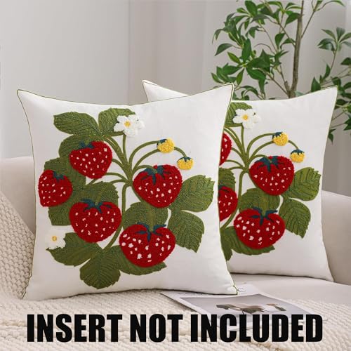 Embroidered Throw Pillow Covers 18x18 inch Pack of 2 Red Strawberry with Green Leaves Floral Pillowcases Farmhouse Pillow Cushion Cases Summer Home Decor for Sofa Bed Living Room - color: Red Strawberry