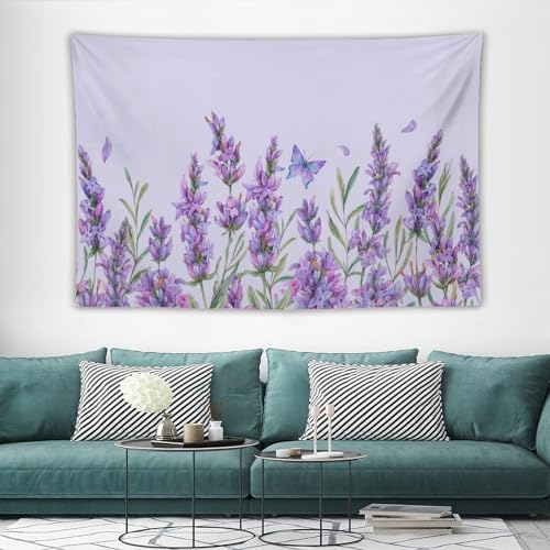 HZOHNAGO Lavender Flower Tapestry Watercolor Purple Floral Butterfly Pattern Printed Wall Tapestry Wall Hanging for Bedroom Living Room Dorm 90" W x 60" H - color: Lavender-10, size: 90"L x 60"W