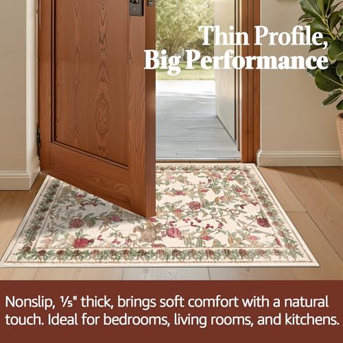 jinchan Eden Floral Area Rug 2x3 Entryway Vintage Washable Indoor Doormat Accent Rug Lightweight Soft Small Non-Slip Low Pile Distressed Red Green Carpet for Entrance Kitchen Bedroom Bathroom - color: Eden Red/Green, size: 2' x 3' (Rectangular)
