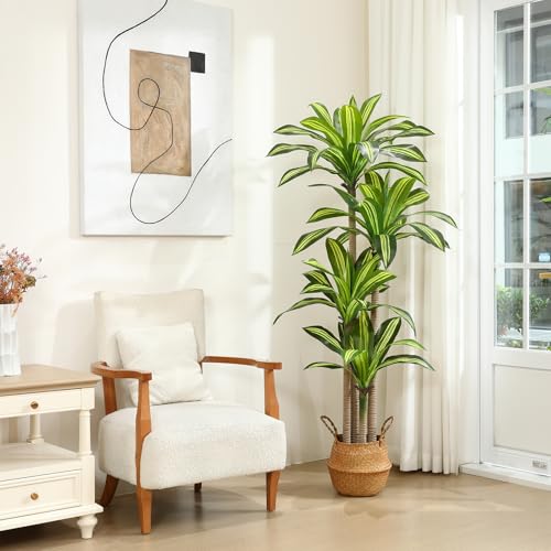 Ferrgoal Artificial Plants, 6 Ft Dracaena Tree Faux Plants Indoor Outdoor Decor Fake Tree with Woven Seagrass Basket Plants for Home Decor Office Living Room Porch Patio Housewarming - size: 6ft