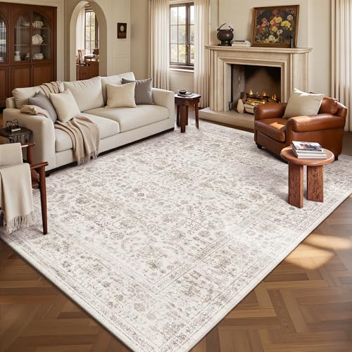 6x9 Area Rugs, Washable Vintage Retro Floral Rug for Living Room, Low Pile Non Slip Distressed Large Carpet for Bedroom, Dining Room, Office, Home (Light Brown) - color: E-light Brown, size: 6' x 9' (Rectangular)