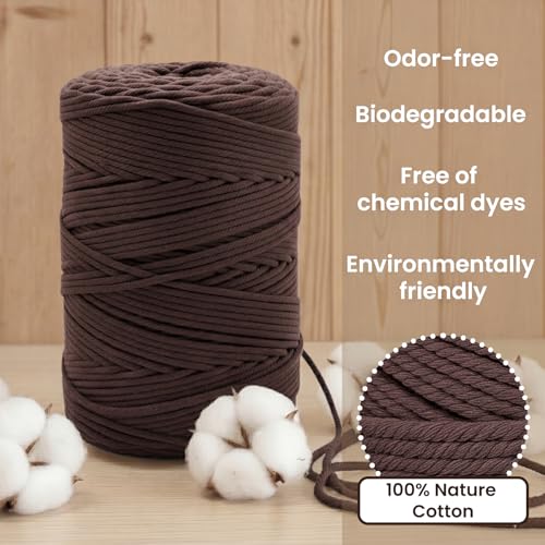 220 Yards Macrame Cord 4 Strand Twisted Recycled Cotton 4mm Brown String for Crafts Wall Hangings Plant Hangers DIY Knitting Macrame Supplies - color: Brown, size: 4mmx220Yards