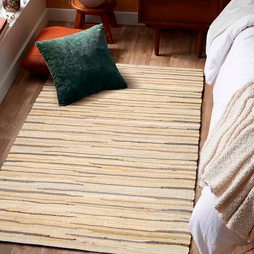 Ramanta Home 100% Cotton Hand Woven Tonal Chindi Rag Rug 3'x5' - Beige, Recycled Reversible Rug, Boho Rustic Farmhouse Rugs for Living Room, Dinning Room, Kitchen Floor Mats - 36"x60" - color: Beige, size: 3 x 5 feet