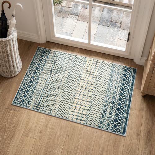 Geometric Moroccan Small Rug 2x3, Soft Non-Slip Distressed Retro Blue Rug Front Door Mat, Machine Washable Kitchen Rug Indoor Door Mats for Entryway Bedroom Bathroom Kitchen - color: Royal Blue, size: 2' x 3' (Rectangular)