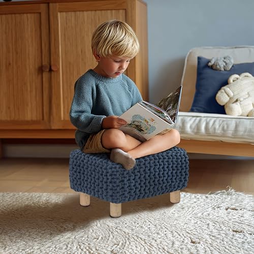 COTTON CRAFT Braided Footrest - Handknitted Dori Foot Stool with Sturdy Wood Legs – Handmade Boho Leg Rest - Small Spaces Under Desk Living Room Entryway Low Footstool Pouf - 16.5x12x9.5 - Blue - color: Cotton - Blue