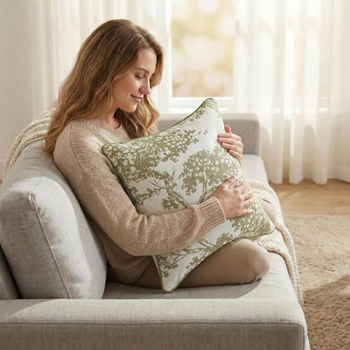 Mantle & Mason Floral 18x18 Throw Pillow Covers Set of 2, French Vintage Woven Jacquard Decorative Accent Pillow Cases for Couch, 430GSM Thick Chenille & Luxury Velvet, Sage Green - color: Tree Pattern Sage Green, size: 18" x 18" (Pack of 2)