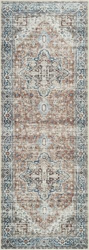 Bloom Rugs Caria Washable Non-Slip 10 ft Runner - Terracotta/Blue Traditional Runner for Entryway, Hallway, Bathroom, and Kitchen - Exact Size: 2'6" x 10' - color: Terracotta / Blue, size: 2'6" x 10' (Runner)