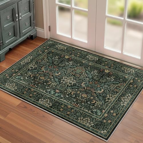 2x3 Floral Washable Area Rug for Living Room, Vintage Boho Rug for Bedroom Dining Room， Distressed Botanical Birds Non Slip Low Pile Forest Animal Throw Carpet for Farmhouse Office, Dark Green - color: Dark Green, size: 2' x 3' (Rectangular)