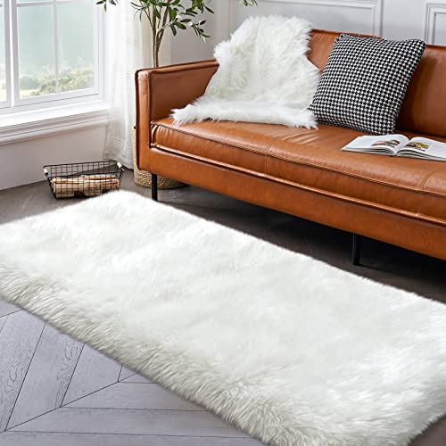 White Fluffy Rug for Bedroom, 2'X6' Faux Fur Rug for Runner, Soft Shag Rug for Sofa Couch Cushion, Cozy Shaggy Fuzzy Plush Floor Carpet for Nursery, Cute Bedside Dorm Home Decor Rectangle - color: White, size: 6' x 2' (Rectangular)