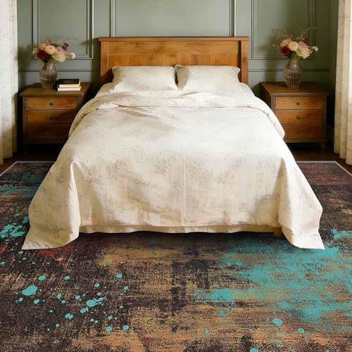 COLORCITY Distressed Rug 4x5 - Abstract Retro Rust Area Rugs for Bedroom Living Room, Contemporary Art Machine Washable | Non-Slip | Soft Carpets, Abstract Room Decor, (Brown Turquoise Red) - color: Brown Turquoise Red, size: 4' x 5' (Rectangular)