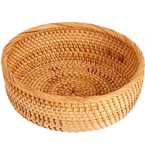 Hadewoven Round Rattan Fruit Basket Wicker Food Tray Weaving Storage Holder Dinning Room Bowl, 9 Inch Woven Bread Basket Key Bowls with 3.5”Wall for Table, Countertop (Medium 8.66") - size: Medium 8.66"