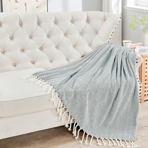 Herringbone Knitted Two Tone Throw Blankets with Braided Tassel Fringe, Boho Farmhouse Lightweight Turkish Throw Blanket for Couch Bed Sofa, Picnic, Yoga, Outdoor Blanket, 50 x 60 Inch, Dark Teal - color: Dark Teal