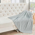 Herringbone Knitted Two Tone Throw Blankets with Braided Tassel Fringe, Boho Farmhouse Lightweight Turkish Throw Blanket for Couch Bed Sofa, Picnic, Yoga, Outdoor Blanket, 50 x 60 Inch, Dark Teal - color: Dark Teal