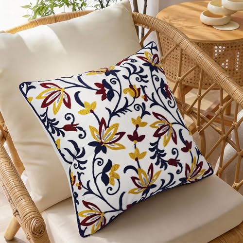 Spring Floral Embroidered Pillow Covers 18x18 Inch Set of 1, Boho Decorative Throw Pillow Cover, Farmhouse Yellow Red Flower Patterned Cushion Case for Couch Sofa Bed Patio Living Room - color: Paisley Garden